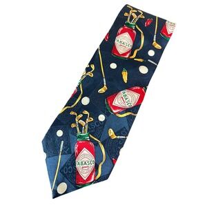 Tabasco Mens Silk Tie Navy Blue Golf Clubs Hot Sauce Bottles Novelty Necktie